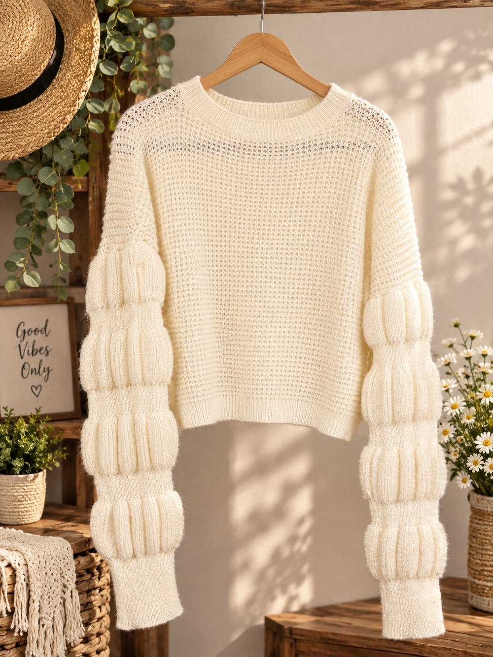 Chunky Bubble-Sleeve Cream Sweater